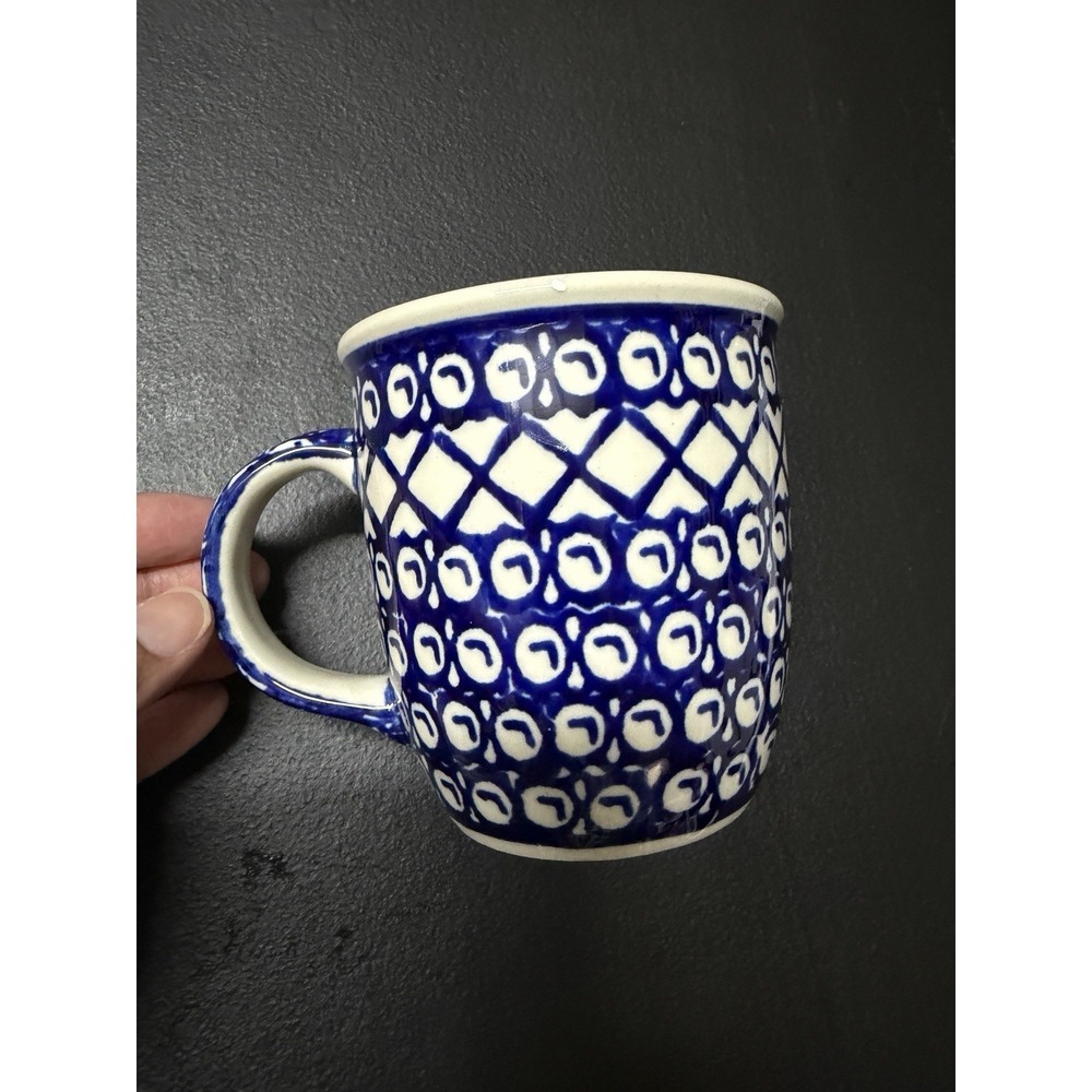 Boleslawiec Handmade in Poland 8N Blue White Mug Cup Geometric Ceramic Vintage